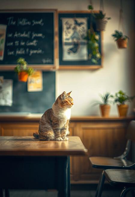 (Soft Lighting Photography by Mimoza Veliu and Mario Giacomelli:1.2), NSFW, a cat sitting alone at a wooden desk, gazing quietly out the window with a wistful expression,  classroom filled with subtle ambient light, chalkboard behind her with faint handwriting, hanging plants and posters evoke a lived-in academic atmosphere — shallow depth of field, soft focus. The image appears sharp, with vibrant colors and a clear focus, possibly indicating high resolution and professional quality