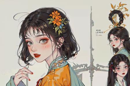 (1girl),(((upper body, ))), (((solo))), (((full body))),gufeng, 1girl, artist name, bangs, black eyes, black hair, blunt bangs, braid, brown hair, fingernails, flower, grey eyes, hair flower, hair ornament, hair ribbon, jewelry, lips, lipstick, looking at viewer, makeup, nail polish, parted lips, red lips, ribbon, short hair, signature, solo, upper body, long hair, blush, hand up,  looking_at_viewer, multiple_girls,,twin braids, chinese clothes, portrait, red nails, hair rings, orange flower, orange nails(((hanfu,shirt,dress,,))), ((from side, multiple views, from behind)), (expressions), ((databook)), annotated, ((costume chart)), ((((how to)))),  