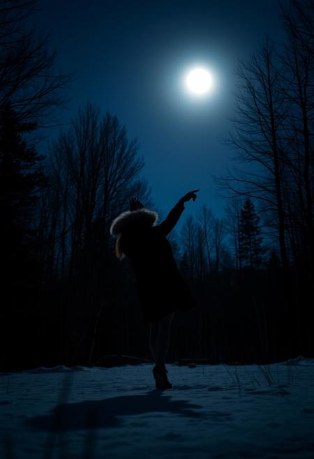 a woman dancing in a cold winter night  on a clearing in the woods under a full moon