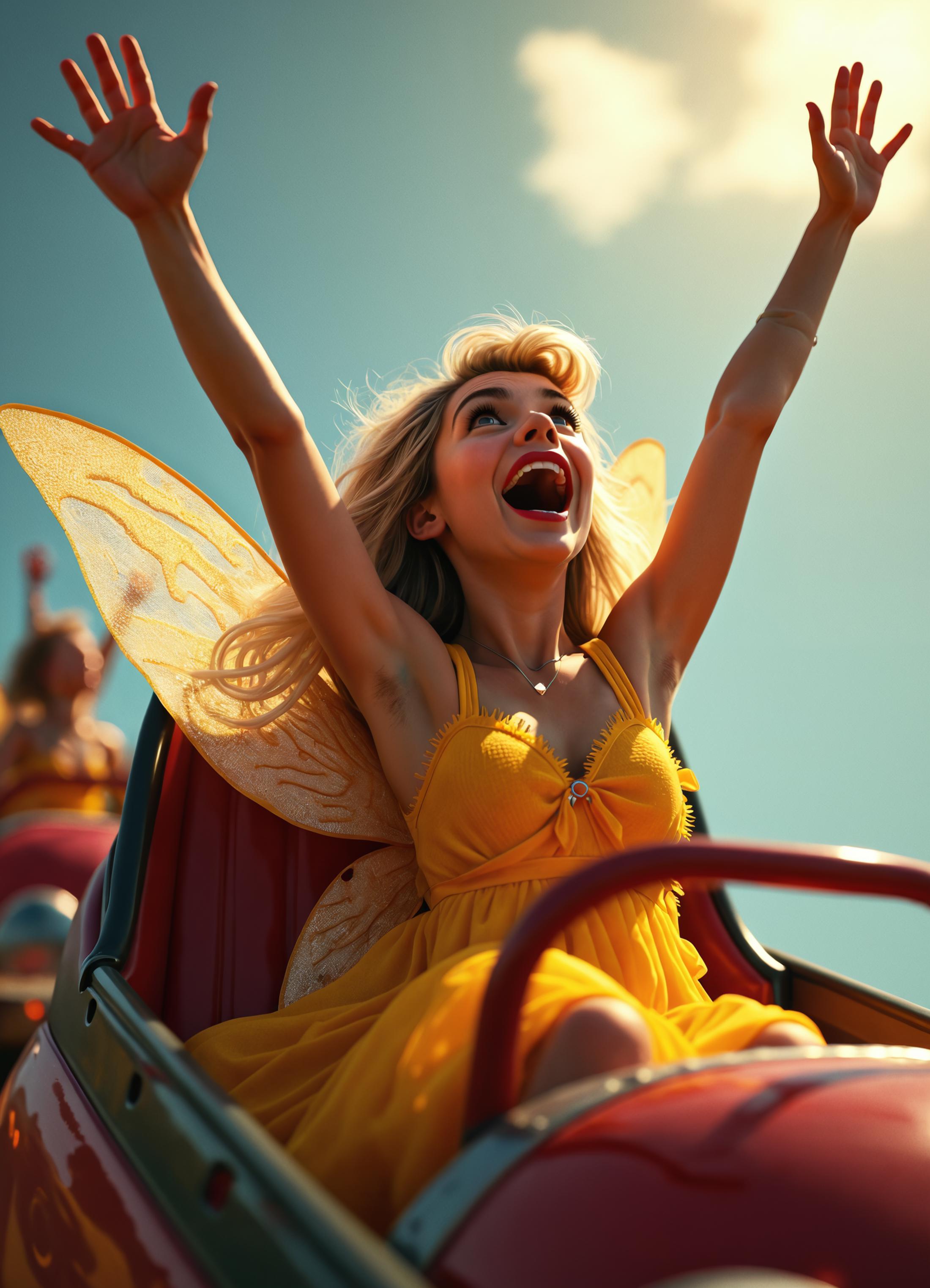 Tinkerbelle riding a roller coaster, arms raised in the air