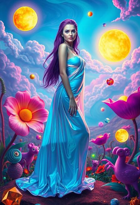 A beautiful woman with vibrant purple hair and glowing turquoise skin, standing in a surreal landscape. She’s wearing a flowing gown made of shimmering, iridescent fabric that reflects the colors of the bizarre environment around her. 
The background features a sky filled with two suns and swirling clouds in neon hues, while giant, oversized flowers with spiraling petals bloom in a whimsical garden. Strange creatures with whimsical shapes playfully interact nearby. 
The woman has an ethereal expression, her eyes sparkling with otherworldly light, as she gracefully floats above the ground, surrounded by floating geometric shapes and luminous orbs. The scene conveys a dreamlike, fantastical quality, blending beauty with a sense of the extraordinary.