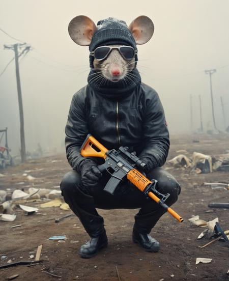 (best quality) , (masterpiece) epic cinematic shot of a rat (wearing a ski mask:1.1) and holding an mp5, (art by Kazuhisa Kondo:1.3) , (art by Monia Merlo:0.9) , Oil painting, Abstract, Chalk painting, landscape of a junkyard, Foggy conditions, Minimalism Art, film grain, Nikon d3300, Selective focus,