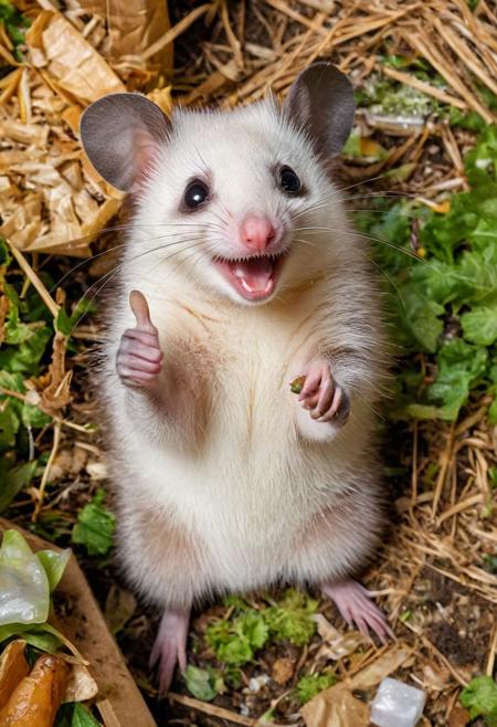 Closeup, thumb-up, a cute fluffy opossum in the middle of a hoarder's front garden full of garbage and food scraps, the opossum in the middle of the garbage is (happy:1.6) and (laughs into the camera:1.9), Victory sign pose,
very detailed, hd, RAW photograph, masterpiece, top quality, best quality, official art,highest detailed, atmospheric lighting, cinematic composition, complex multiple subjects, 4k HDR, vibrant, highly detailed, Leica Q2 with Summilux 35mm f/1.2 ASPH, Ultra High Resolution, wallpaper, 8K, Rich texture details, hyper detailed, detailed eyes, detailed background, dramatic angle, epic composition, high quality , (8k, RAW photo, highest quality), hyperrealistic,