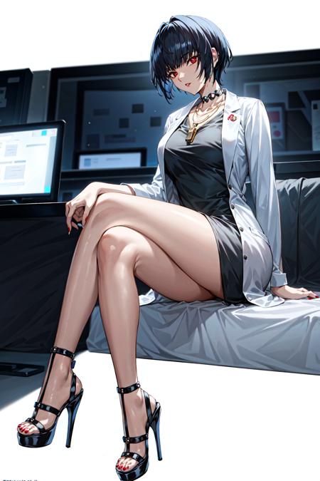 labcoat, dress, red eyes, black hair,high heels,necklace,parted lips