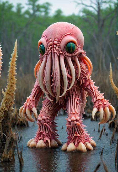 A cute colorful fluffy cthulhu, wildlife photography, in a ral-bnz swamp, 4K UHD, 8K UHD, High-definition, capturing <lora:ral-bnz:1> made of ral-bnz