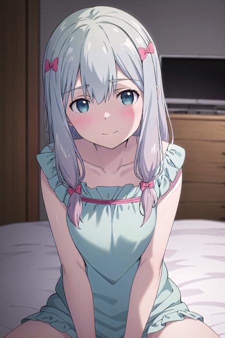 best quality, (masterpiece:1.2), highly detailed,
indoors, bedroom, on bed,
 <lora:chara_Eromanga-sensei_IzumiSagiri_v2:0.8>, izumi sagiri,
1girl, solo, sitting, upper body, from front, looking at the viewer, closed mouth, blush, slight smile,
grey hair, long hair, multicolored hair, blue eyes,
pajamas