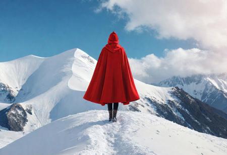(masterpiece, best quality, absurdres, 4k, aesthetic, detailed, intricate), a person standing on top of a snow covered slope, trending on behance, digital art, bright red cape on her back, low polygons illustration, painterly illustration, red cap, minimalist photorealist, looking this way, no gradients, standing in a maelstrom, high contrast illustration, absolutely outstanding image