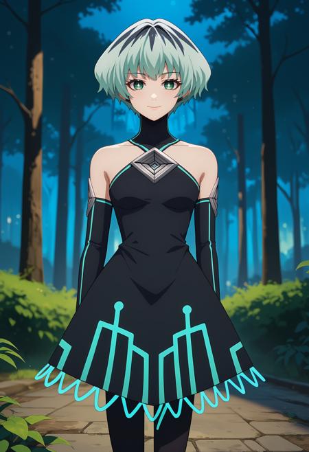 AmberIdanokan short hair, multicolored hair, green hair, black hair, green eyes, symbol-shaped pupils, robot ears black collar, sleeveless dress, black dress, neon trim, elbow gloves, black gloves, black footwear