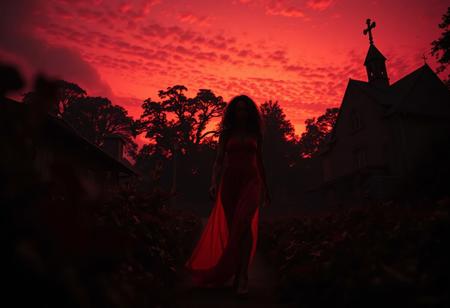 warm sci-fi theme, a small sporty woman, dark silhouette, long curly black hair. wider shoulders, slim upper body but bigger breasts, fine muscle body, tight ass and leggs, long fine red dress, dimm glowing from the backlighting of the evening sky. walkin in a dark village with plants in different sizes and giant trees and on a old church. on the red after sunset sky you can see detailed clouds, some are fine and others are dark. low angle shot from the woman dwarfed by the full view of the dark dream like scene. mix of horror and lovely fantasy, Shot with a full-frame DSLR, 85mm lens for shallow depth of field, Natural light enhanced with slight post-processing contrast boost and neutral tone grading.