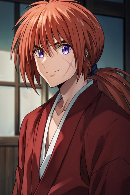 Himura Kenshin,red hair, purple eyes, scar on face,ponytail,long hair, Scarf Weapon