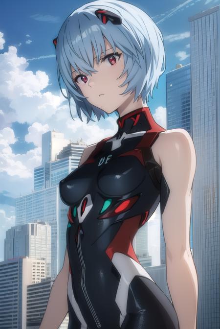 reiayanami, <lora:rei ayanami rebuild-lora-nochekaiser:1>, 
rei ayanami, (ayanami rei:1.2), blue hair, short hair, (red eyes:1.3),
BREAK bodysuit, headgear, plugsuit, black bodysuit,
BREAK outdoors, city, sky, sun, clouds,
BREAK looking at viewer, (cowboy shot:1.5),
BREAK <lyco:GoodHands-beta2:1>, (masterpiece:1.2), best quality, high resolution, unity 8k wallpaper, (illustration:0.8), (beautiful detailed eyes:1.6), extremely detailed face, perfect lighting, extremely detailed CG, (perfect hands, perfect anatomy),