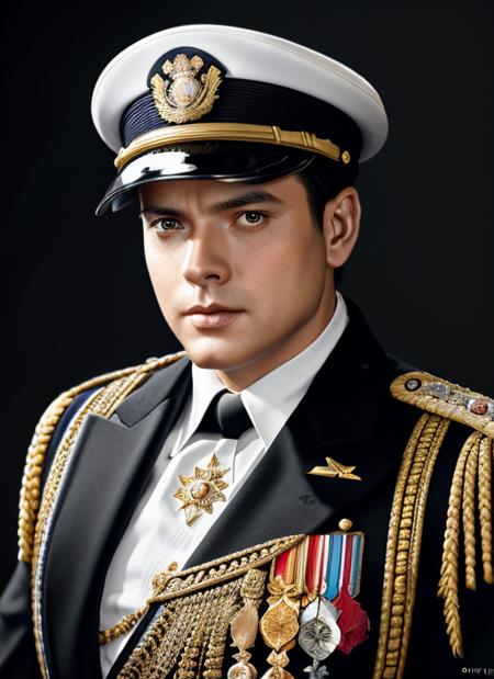 owy1 HDR, 8K resolution, intricate detail, sophisticated detail, depth of field, photorealistic, sharp focus, Portrait of a man wearing  Naval officer: Dress uniform with gold accents, peaked cap, polished dress shoes, medals, portrait, elegant, intricate, digital painting, artstation, concept art, smooth, sharp focus, illustration, art by artgerm and greg rutkowski and alphonse mucha,
<lora:OrsonWellesYoung:.97>