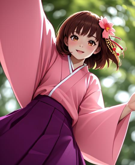 Nyopan japanese clothes, pink shirt, hair flower, purple skirt