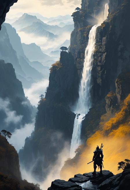 A lone armored warrior stands at the edge of a cliff, gazing at a towering waterfall cutting through mist-shrouded mountains. The scene is stylized with bold ink-like outlines, surreal textures, and fantastical lighting. Leaves twist through the air, golden against the monochrome landscape. Dramatic silhouette, intricate armor, cinematic fantasy mood, highly detailed