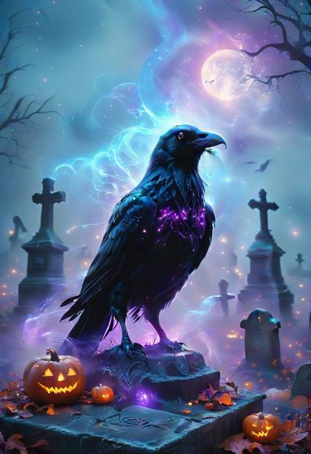 Mystic Lumina,large menacing crow, crow focused, Halloween, spooky, haunted, graveyard full of pumpkin, ethereal, dreamy, purple glow, blue mist, masterpiece (black:1.5), (gray:1.5).