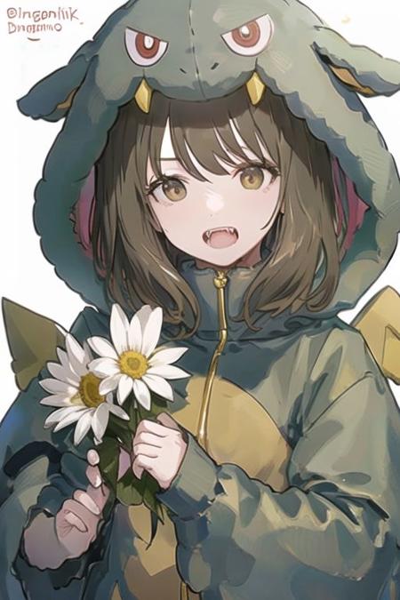 gaogaonichika, 1girl, solo, bangs, brown hair, hood, cosplay, animal costume, brown eyes, fangs,
holding, holding hair, solo, artist name, backlighting, blue flower, close-up, daisy, flower, instagram username, pale color, pixiv id, portrait, simple background, twitter username, white background, white flower, yellow flower
<lora:nichika-gao-v1.0:1>