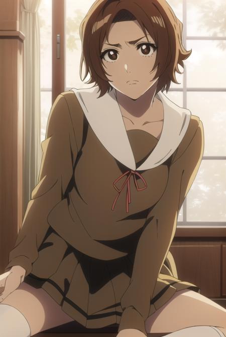 masakikurosaki, <lora:masakikurosakitest:1>,
masaki kurosaki, short hair, brown hair, (brown eyes:1.5),
BREAK skirt, ribbon, school uniform, pleated skirt, serafuku, socks, kneehighs, white socks,
BREAK looking at viewer,
BREAK indoors, classroom,
BREAK <lora:GoodHands-vanilla:1>, (masterpiece:1.2), best quality, high resolution, unity 8k wallpaper, (illustration:0.8), (beautiful detailed eyes:1.6), extremely detailed face, perfect lighting, extremely detailed CG, (perfect hands, perfect anatomy),