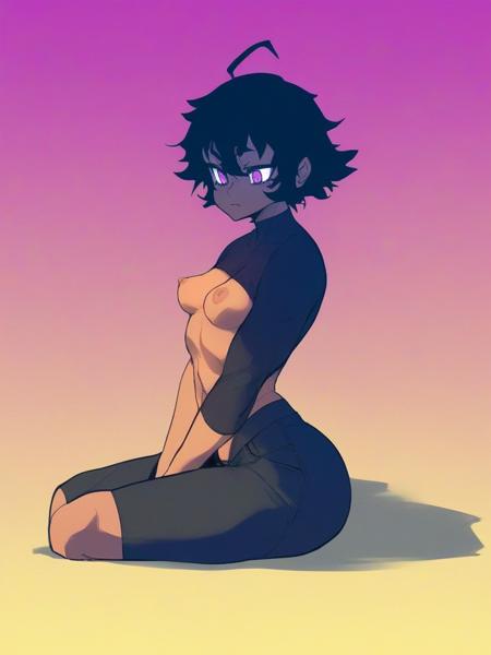 3D papercut shadow box of score_9, score_8_up, score_7_up, score_6_up, score_5_up, score_4_up, source_anime,source_cartoon,
1girl with swooping breasts, 
dark chestnut hair Tousled Pixie,
cami top,
small breasts,
osiimi,
(gradient background:1.22),
from behind,
sitting with legs crossed,
hopeful
 . Layered, dimensional, depth, silhouette, shadow, papercut, handmade, high contrast concept art <lora:breasts++-PD-swooping-1.0:1>