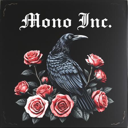 mono inc. cd, cover, raven sitting, surrounded by roses, text: "Mono Inc." , dark background