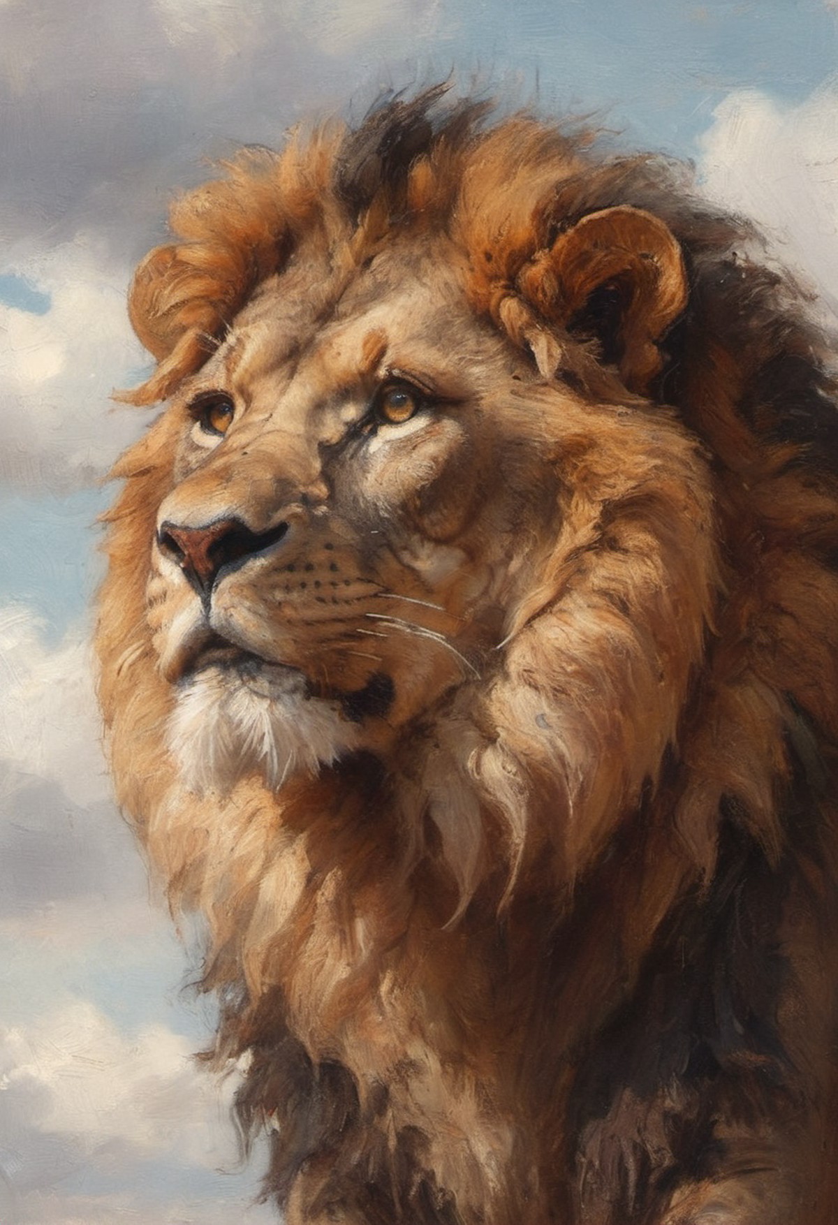 closeup portrait of an attentive majestic Lion with big glistening eyes standing bright sky background
