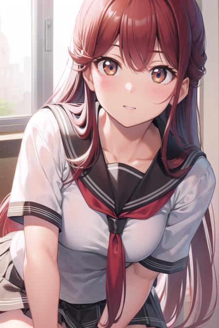 rikosakurauchi, <lyco:rikosakurauchi-lyco-nochekaiser:1>, 
riko sakurauchi, (brown eyes:1.5), hair between eyes, long hair, (red hair:1.5), (small breast:1.2), 
BREAK grey skirt, neckerchief, pleated skirt, red neckerchief, school uniform, serafuku, shirt, short sleeves, skirt, white shirt, uranohoshi school uniform,
BREAK looking at viewer, 
BREAK indoors, classroom, 
BREAK <lyco:GoodHands-beta2:1>, (masterpiece:1.2), best quality, high resolution, unity 8k wallpaper, (illustration:0.8), (beautiful detailed eyes:1.6), extremely detailed face, perfect lighting, extremely detailed CG, (perfect hands, perfect anatomy),