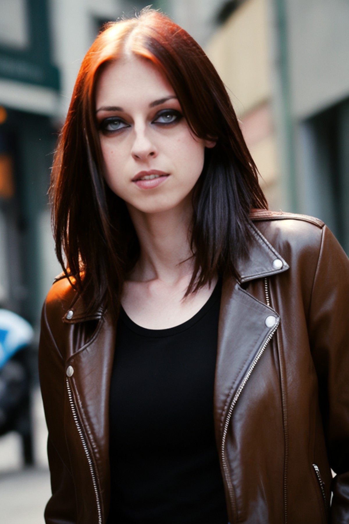 a RAW photo, portrait of lizvicious, wearing leather jacket, city street <lora:LizVicious:1>