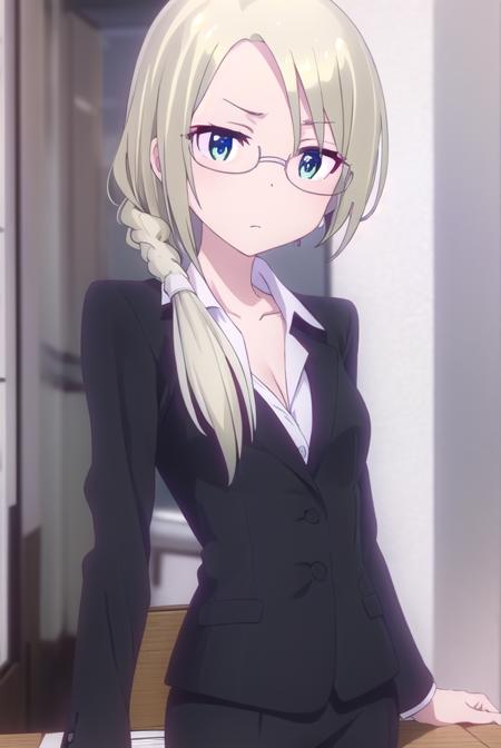 christinawakoyamato, <lora:christina wako yamato s2-lora-nochekaiser:1>, 
christina wako yamato, long hair, blue eyes, blonde hair, (green eyes:1.3), glasses, hair over shoulder, semi-rimless eyewear, low ponytail, under-rim eyewear,
BREAK shirt, collarbone, jacket, white shirt, pants, black jacket, black pants, formal, suit, office lady, pant suit,
BREAK indoors, office,
BREAK looking at viewer, (cowboy shot:1.5),
BREAK <lyco:GoodHands-beta2:1>, (masterpiece:1.2), best quality, high resolution, unity 8k wallpaper, (illustration:0.8), (beautiful detailed eyes:1.6), extremely detailed face, perfect lighting, extremely detailed CG, (perfect hands, perfect anatomy),