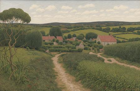 style of Henry Moret, hacienda ,field ,plantation ,hedgerow,thicket ,terrace , Archipelago,