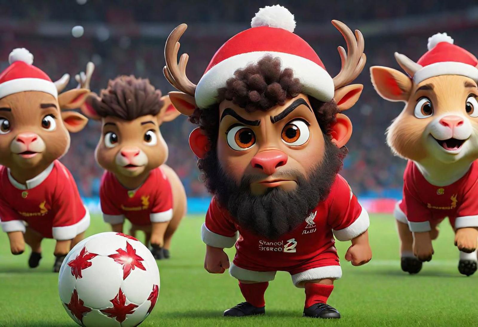 A cartoon soccer player with a beard and mustache wearing a Santa hat and holding a soccer ball.