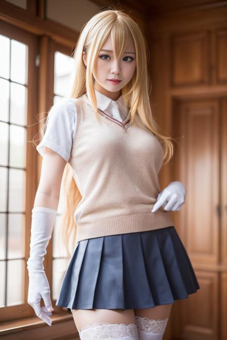 shokuhou misaki,  tokiwadai school uniform, lace-trimmed gloves, thighhighs, sweater vest, pleated skirt, zettai ryouiki, spider web print, school emblem, 