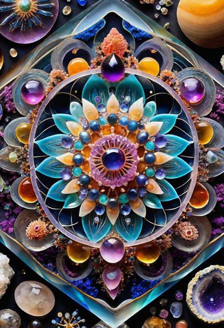 occult microverse inside sacred geometry transluscent glass crystal, subatomic protozoa, amoebae,  gemstones, cosmic containment, surreal, bismuth, dandelionwanderer, agate slices, amethyst geodes, flowervirus, ArtNouveauAI, concept art, complex composition, vibrant colors, <lora:flowervirus:0.7> <lora:Occult_Geometry:0.3> <lora:microverse_creator:0.5> <lora:ArtNouveauAI:0.4>, intricate indian style details,