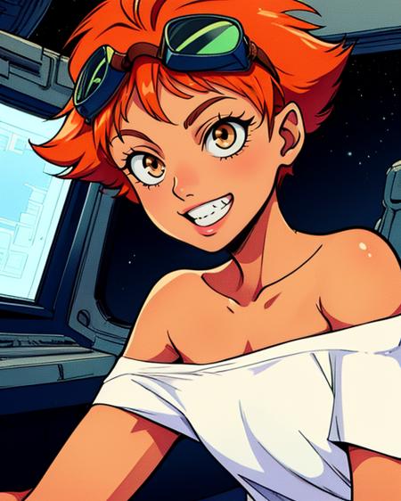 Edward,  tan skin, tomboy, midriff, orange hair, (white loose shirt), off shoulder, spiked hair, barefoot, bike shorts, brown eyes, goggles on head, grin,   upper body, 
space station, engine room, 
 (insanely detailed, beautiful detailed face, masterpiece, best quality)  volumetric lighting, best quality, masterpiece, intricate details, tonemapping, sharp focus, hyper detailed <lora:Edward-06:0.8>