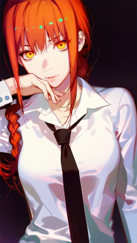 by ask, 1girl, makima \(chainsaw man\), solo focus, pseudo impasto, best quality, vivid color, black background, looking at viewer, holding, ringed eyes, yellow eyes, red hair, long hair, brown hair, medium hair, braided ponytail, sidelocks, bangs, medium breasts, white shirt, collared shirt, long sleeves, necktie, business suit, formal, office lady