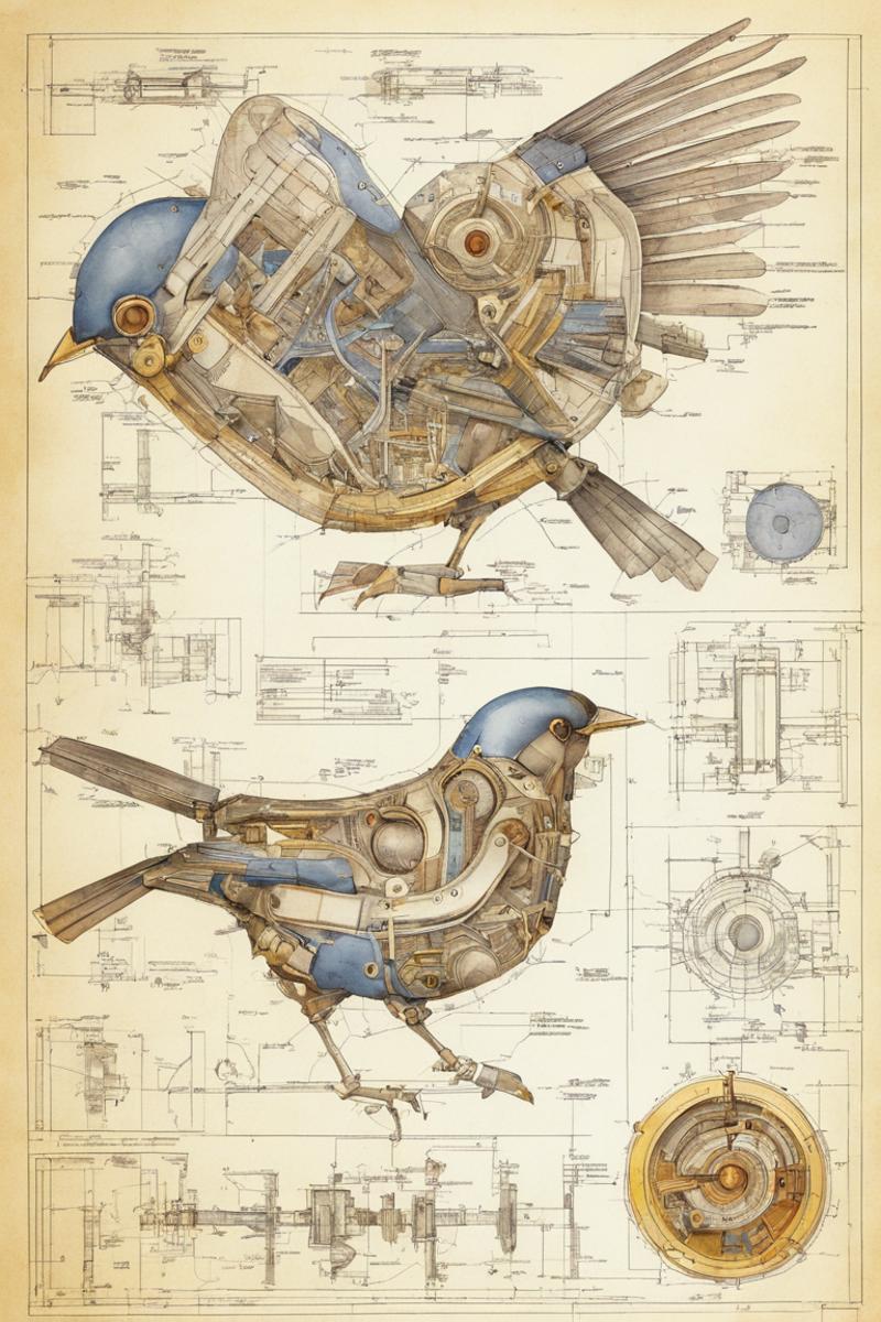 Blue and White Birds with Gears Inside: A Detailed Drawing of Mechanical Birds