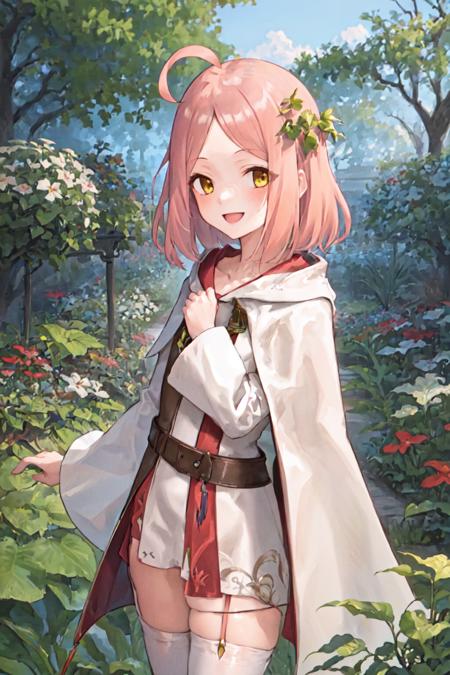 matrishka, 1girl, coral-colored hair, smile, faded-gold eyes, white robe, ahoge, masterpiece, best quality, white mage robe, zettai ryouiki, garden, botanical garden, hands to the side, upper body, smile,