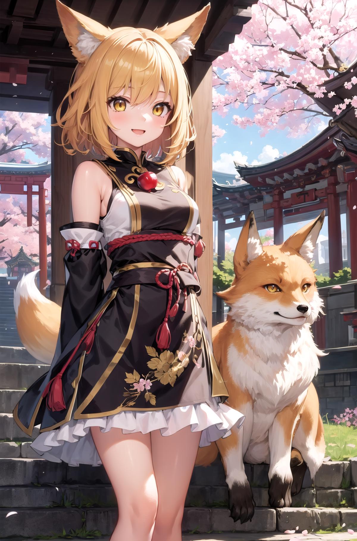 Anime girl posing next to a fox in a beautiful garden, with pink cherry blossoms in the background.