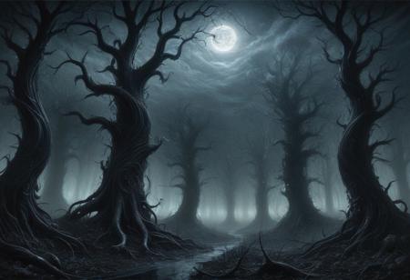 Create an intricate oil painting-style illustration inspired by the dark and surreal works of artists like H.R. Giger or Francisco Goya, depicting a foggy, nightmarish forest scene at night. The atmosphere is deeply unsettling, filled with an overwhelming sense of lurking danger, characterized by thick, swirling mists that obscure the view and create an otherworldly ambiance. The mist curls and billows around twisted, gnarled silhouettes of trees that loom ominously against the starlit sky, shrouding the forest in dread. The forest floor is covered in damp, decaying leaves, enhancing the eerie silence and oppressive mood of the night,murano_glass_style