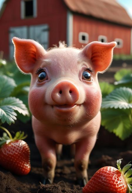 8k, photorealistic, dof, colourful, soft light, high-resolution picture,
A cute red pig made of strawberry, 
big eyes, detailed eyes, 
farm background, garden, barn