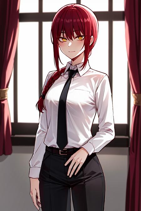 makima \(chainsaw man\), 1girl, absurdres, bangs, indoors, black necktie, black pants, braid, braided ponytail, collared shirt, cowboy shot, highres, long hair, long sleeves, necktie, red hair, ringed eyes, shirt, sidelocks, solo, uniform, white shirt, yellow eyes, small breasts <lora:makima_offset:1><lora:ratatatat74-000070:0.5>