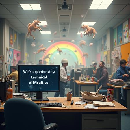 an office, a computer monitor that says "We're experiencing technical difficulties", chaos in the background, mayhem, insanity, discord, rainbows, paint, cubicles, stuntmen, wild animals, debris, unicorn