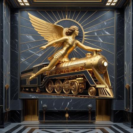 RetroBG. A monumental Art Deco interior lobby wall, depicting a gilded bas-relief of a winged female warrior (Valkyrie) soaring above a sleek 1930s streamlined locomotive. The background is cool-toned gray marble, with radiant sunburst lines behind the figure. Every surface shimmers with polished metal and black stone, exuding futuristic optimism as envisioned in the opulent age of the Roaring 20s. The darkest blacks contrast with the most brilliant gold, surrounded by geometric architecture, mechanical motifs, and heroic grandeur. Elegant lighting enhances the drama. Inspired by heroic propaganda murals and luxurious train stations.