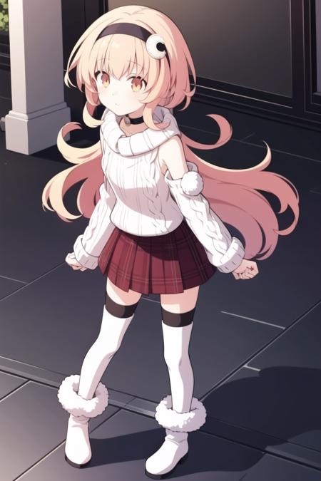 compa, hairband, choker white sweater, aran sweater, cable knit, detached sleeves, plaid skirt, pleated skirt, red skirt, belt, black thighhighs, white footwear, boots
