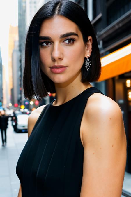 RAW photo, a medium shot portrait photo of  <lora:LoraDuaV768:1> in a black dress, (full body:0.8), (looking at viewer:1),(skin pale:0.8), long haircut, slim body, new york street background, (highly detailed skin: 1.2), 8k uhd, dslr, soft lighting, high quality, film grain, Fujifilm XT3