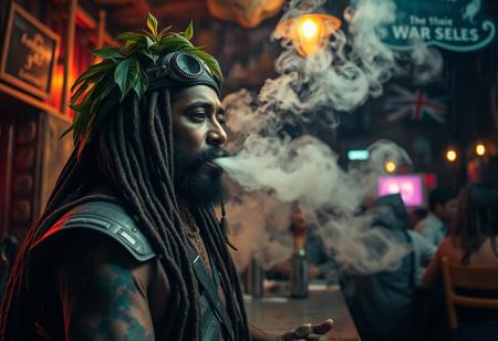 ( shot on a iPhone style) chilled happy big dreads tribal painted medicine man Rasta man with armor and military fatigues smoking a huge spliff the size of a bat, he blows of so much smoke it makes the (crowd of people cough and dance in the smoke), blowing the smoke into a cozy bar, crowded happy cozy gritty scifi jungle bar during a heavy rainstorm (masterpiece medium format swirly bokeh hyperrealisitic concept art 8k)  masterpiece medium format photo tribal amazon warrior he has leaves and flora and a frog in his hair, muted colours, soft focus