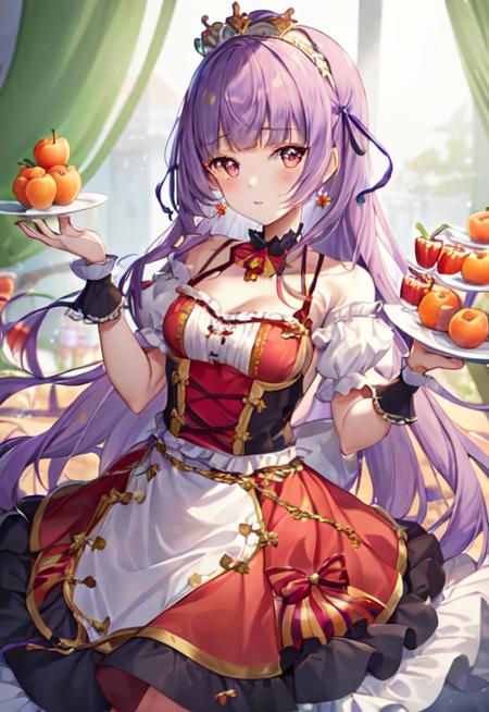 hikami smire,hair ribbon,purple hair,blunt bangs,<lora:hikami smire_v1:0.8>
code 3, apple, bangs, berry, blueberry, bow, camellia, candy apple, cherry, cowboy shot, dress, earrings, food, food-themed hair ornament, food on head, fruit, fruit on head, grapes, holding, holding food, holding fruit, jewelry, long hair, looking at viewer, mandarin orange, orange \\\(fruit\\\), orange slice, peach, red apple, red flower, red rose, short sleeves,strawberry, strawberry hair ornament,watermelon, whipped cream, wrist cuffs, ((masterpiece,highres)),