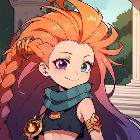 zoe, long hair, bangs, blue eyes, purple eyes, pink hair, braid, heterochromia, small breast, red hair, very long hair, orange hair, multicolored hair, purple hair, absurdly long hair,  zoe, long hair, bangs, blue eyes, purple eyes, pink hair, braid, shorts, shiny, shiny hair, shiny skin, heterochromia, black shorts, black socks, toeless legwear, bare shoulders, small breast, red hair, crop top, very long hair, bike shorts, green scarf, orange hair, multicolored hair, thighhighs, gloves,purple hair, scarf, short shorts, armlet, absurdly long hair,