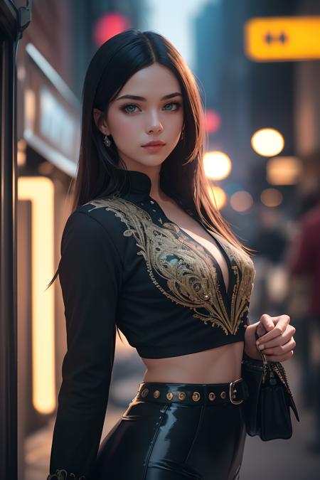 (extremely intricate:1.3), (realistic), photo of a girl in a bustling metropolis, weaving through crowded streets and dark alleyways, close up, Detailed clothes, green eyes, flowing hair, determined expression, shiny glossy skin, subsurface scattering, (sharp:0.7), amazing fine detail, Nikon D850 film stock photograph Kodak Portra 400 camera f1.6 lens, rich colors, lifelike texture, dramatic lighting, urban environment, skyscrapers, neon signs,  dynamic composition, unreal engine, trending on ArtStation, cinestill 800 tungsten, volumetrics dtx, (film grain, blurry background, blurry foreground, bokeh, depth of field, motion blur:1.3),<lora:GoodHands-beta2:1>