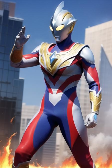 Best quality, masterpiece,
1boy, <lora:Trigger:0.7>, UltramanTrigger, armor, bodysuit, boots, gloves, helmet, pauldrons, shoulder_armor, shoulder_pads, white_gloves, solo, 
a giant in city, fighting stance, fire on city, fire background, upper body,