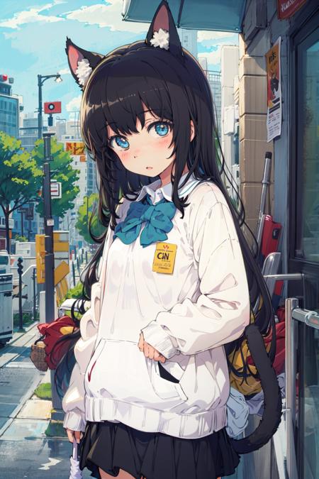 pote, 1girl, animal ears, cat ears, cat, umbrella, skirt, bow, black cat, sweater, tail, solo, blush, cat tail, looking at viewer, black hair, sleeves past wrists, shirt, long hair, long sleeves, cat girl, school uniform, black skirt, parted lips, blue bow, collared shirt, animal ear fluff, white shirt, bangs, pleated skirt, animal, blue eyes, brown sweater, holding, holding umbrella, closed umbrella, bowtie, cowboy shot, collar, standing, bag<lora:pote:1.1>