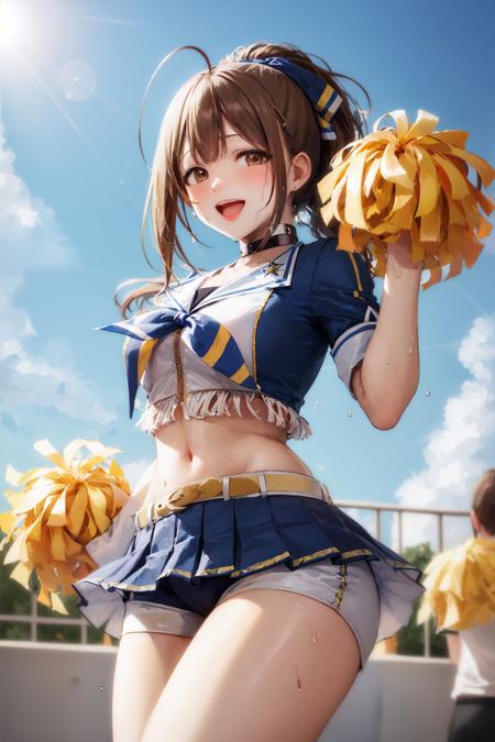 (masterpiece, best quality:1.2), <lora:idolmaster_sc_kuwayama-10:1>, cowboy shot, solo, 1girl, kuwayama chiyuki, (sweat:1.2), \:d, looking at viewer, holding pom poms, ahoge, ponytail, cheerleader, shorts under skirt, choker, midriff